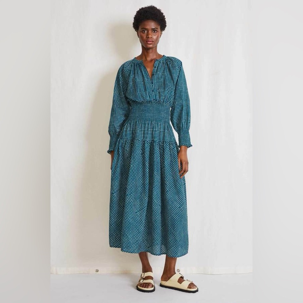 Apiece Apart La Ventura Maxi Dress Green Smocked Long Sleeves Mini Gingham - Picture 2 of 11